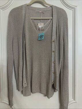 ESQUALO Metallic Taupe V-Neck Sweater and Button Cardigan Set